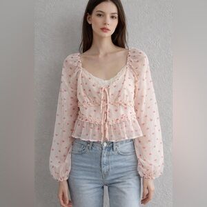 Lush Sheer Pink Heart Print Ruffle Tie-Front Blouse | Small